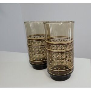 Retro Brown Glasses Drinking Glasses with Textile Checkered Design – Set of Two